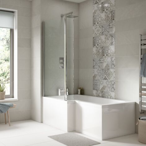 Nuie Square L-Shaped Shower Bath with Front Panel and Screen 1600mm x 700mm/850mm - Left Handed