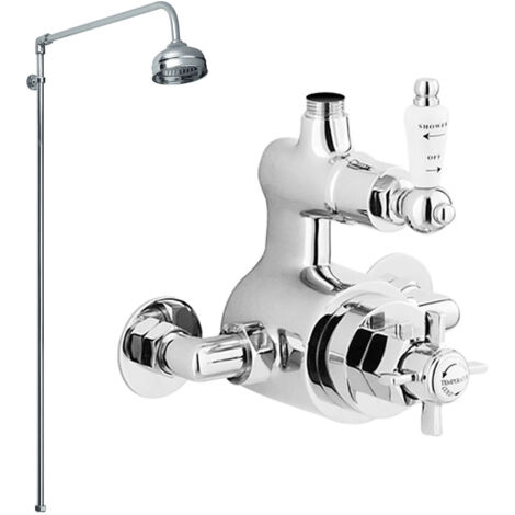 Nuie Traditional Twin Exposed Thermostatic Shower Valve with Rigid Riser Kit and Fixed Head - Chrome