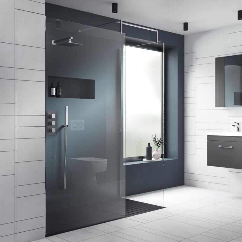 Nuie Wet Room Screen 1850mm High x 1200mm Wide with Support Bar 8mm Glass - Chrome