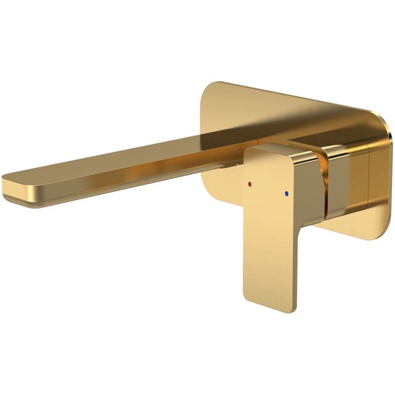 Windon 2-Hole Wall Mounted Basin Mixer Tap with Plate - Brushed Brass - Nuie