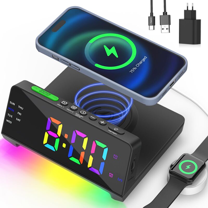 Numérique avec Chargeur Sans Fil, Réveil Lumineux avec Affichage Dynamique Coloré, Horloge Numérique avec 2 Alarmes, 1-15 min Snooze, Veilleuse LED