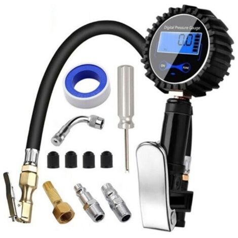 Numérique Manomètre Pneu 250 PSI Haute Précis Digital Jauge de Pression de Pneus avec Pistolet Gonflage pour Voiture Camion SUV Moto Vélo avec Air Chuck, Prolongateur de Valve de 90 Degrés