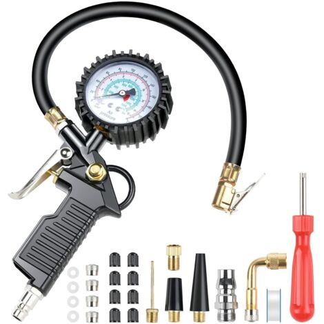 Numérique Manomètre Pression Pneu 220 PSI Haute Précis Multifonctionnel Jauge de Pression des Pneus Numérique avec 24 Accessoires, Pistolet de Gonflage de Pneu Portable pour Voiture Moto Vélo
