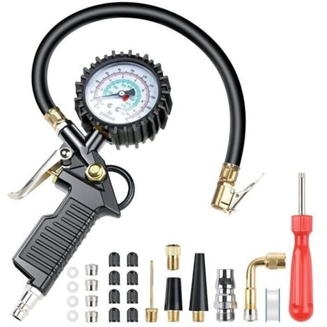 COAVAS Numérique Manomètre Pression Pneu Jauges de Pression des Pneus 220PSI Multifonctionnelle Pistolet de Gonflage Manometre avec 24 Accessoires Buses Divers et Outils pour Voitures Motos Vélos