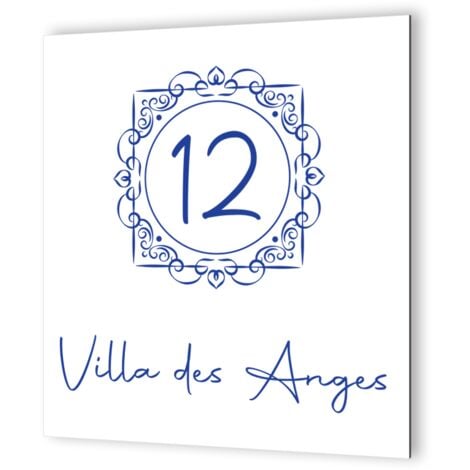 Numéro de maison extérieur personnalisable - Plaque Dibond Blanc - Pictogramme Bleu, modèle oriental - 20x20 cm, épaisseur 3 mm