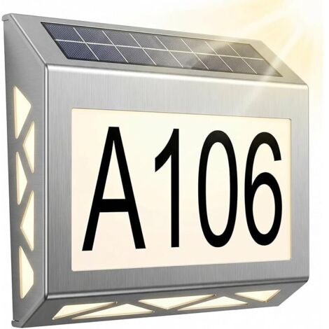 Numéro de maison solaire à LED en acier inoxydable - Numéro de maison éclairé par énergie solaire - Détection automatique du jour et de la nuit