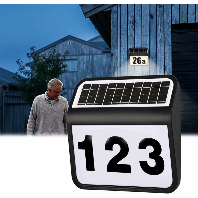 Numéro de maison solaire LED en acier inoxydable éclairé avec 2 LED, interrupteur crépusculaire et panneau solaire en silicium amorphe - noir NAIZY