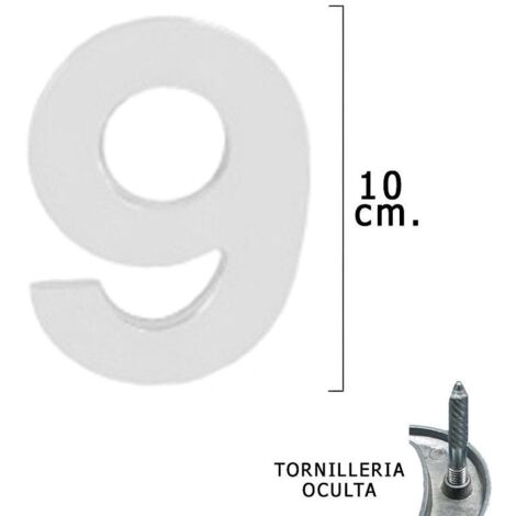 Numero Metal "9" Plateado Mate 10 cm. con Tornilleria Oculta (Blister 1 Pieza)