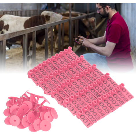Nummerierte PP-Ohrmarken zur Kennzeichnung von Nutztieren – Packung mit 100 Sets inklusive Nadeln und Ohrsteckern, Abmessungen 5,3 x 1,8 cm