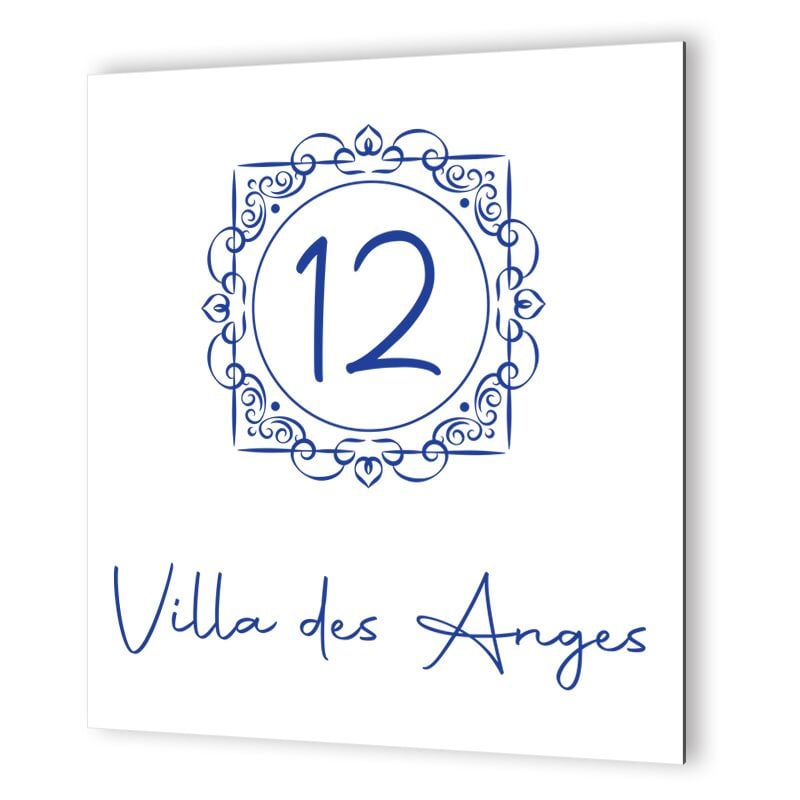 Numéro de maison extérieur personnalisable en Dibond Blanc Picto Bleu · modèle oriental