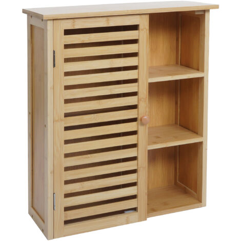 [NUNCA USADO] Armario colgante HHG-323, armario de baño, armario de baño, puertas, compartimentos de almacenamiento, bambú, 60 x 50 x 19 cm
