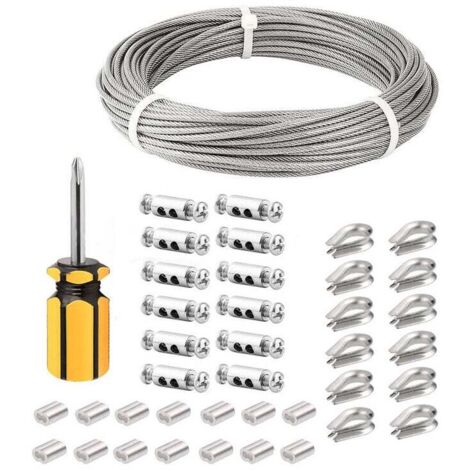 [NUNCA USADO] Cable de acero inoxidable de 3 mm, cuerda de acero inoxidable de 50 m/3 mm, cable de acero revestido con abrazaderas, manguitos M3, terminales de acero inoxidable, cable metálico de 3 mm