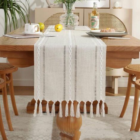 [NUNCA USADO] Camino de mesa rústico de lino con borlas hechas a mano, estilo rústico, 183 cm de largo, para decoración de fiestas y comedores, 33 x 183 cm (blanco roto)