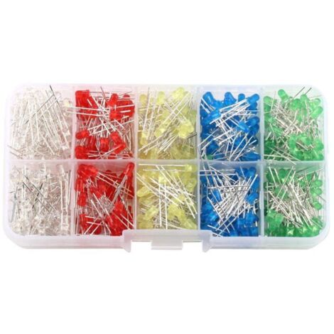 [NUNCA USADO] Diodo emisor de luz, kit de bricolaje de diodos surtidos, 500 piezas, 3 mm, luz LED, blanco, amarillo, rojo, azul y verde.
