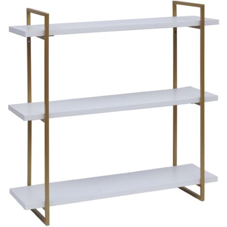 [NUNCA USADO] Estante de pared HHG-631, estante colgante, estante flotante, 3 estantes madera maciza industrial 60x60x18cm, blanco, metal dorado