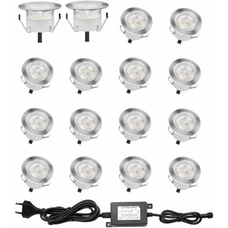 [NUNCA USADO] Juego de 16 focos LED empotrables para terrazas de madera, IP67, resistentes al agua, para exteriores, 0,6 W CC 12 V, luz blanca, minikit de lámpara para contrahuellas y techos [Clase en