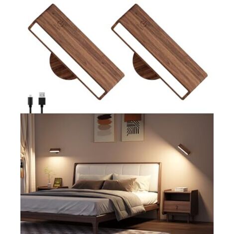 [NUNCA USADO] Juego de 2 apliques de pared de madera para interiores, lámpara de pared inalámbrica recargable por USB, luz de pared inalámbrica con ajuste de brillo para dormitorio, lámpara de noche t