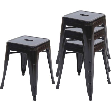 [NUNCA USADO] Juego de 4 taburetes HHG-787, taburete de metal asiento taburete, metal diseño industrial apilable, negro