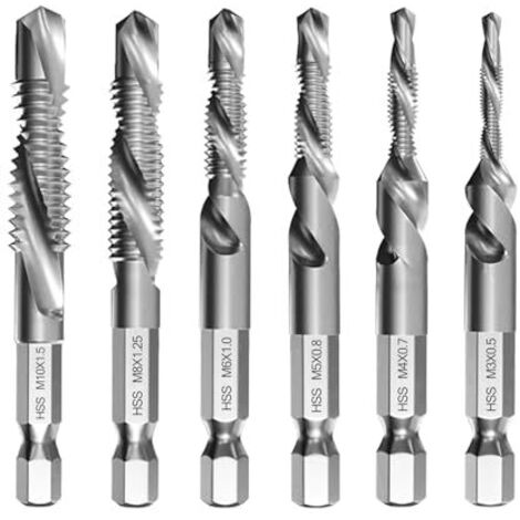 [NUNCA USADO] Juego de 6 brocas y machos de roscar combinados M3, M4, M5, M6, M8 y M10, de cambio rápido con revestimiento antioxidante y vástago hexagonal, para metal, madera y plástico.