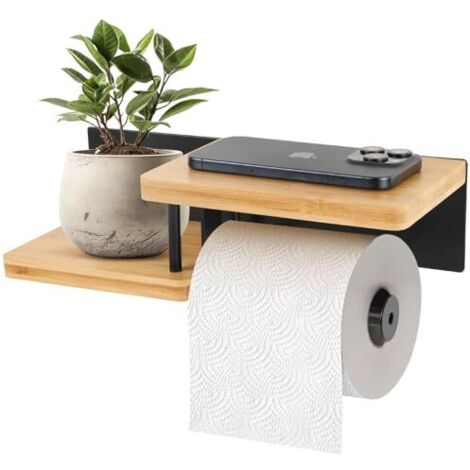 [NUNCA USADO] Portarrollos de papel higiénico con estante, portarrollos de papel higiénico de bambú fabricado en acero y bambú, portarrollos de papel higiénico sin taladrar madera, portarrollos de pap