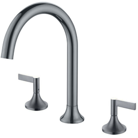 [NUNCA UTILIZADO]Grifo para lavabo de encimera de tres orificios, color gris dorado cepillado, de bronce, para baño, con interruptor doble dividido de cobre, para hotel