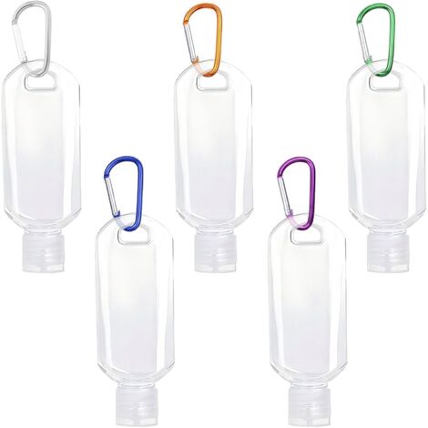 [NUNCA UTILIZADO]Kit de 5 botellas de viaje, rellenables, transparentes, con 5 ganchos, 50 ml, a prueba de fugas, con tapa abatible para gel desinfectante, champú y loción cosmética.