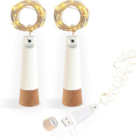 [NUNCA UTILIZADO]Luces de botella recargables por USB, 2 m, 20 LED, cadena de luces LED de alambre de cobre con 8 modos, decoración DIY para Navidad, fiestas, exteriores y frascos (blanco cálido, 2 un
