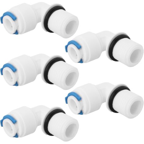 [NUNCA UTILIZADO]Paquete de 5 accesorios de codo de 90° con rosca macho de 1/4" a rosca macho de 1/4" para instalar carcasas de filtro de repuesto en sistemas de filtración de agua por ósmosis inversa