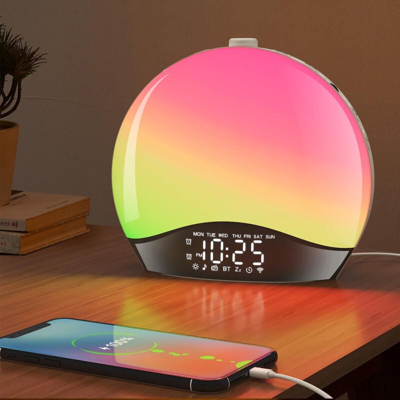 Nuova luce sveglia intelligente con lampada da comodino colorata Simulazione Bluetooth Alba e tramonto sveglia con musica leggera e sveglia