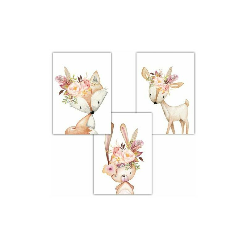 Nursery/Baby Room Posters - Decor for Boy and Girl - Woodland Animals Deer Fox Hare,,Set of 3