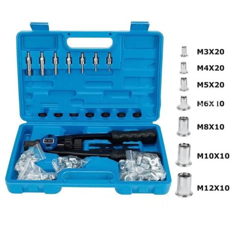Nut installation kit with 100 assorted metric mandrels M3/M4/M5/M6/M8/M10/M12 and molded carrying case