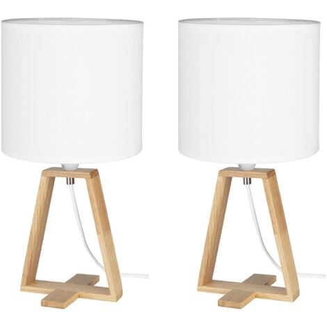 NUTS - (2 uds) Lámpara de Mesa de Estilo Nórdico. Para Mesita de Noche de Madera Natural y Textil de Color Blanco. E27