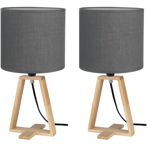 FORLIGHT NUTS - (2 uds) Lámpara de Mesa de Estilo Nórdico. Para Mesita de Noche de Madera Natural y Textil de Color Gris. E27