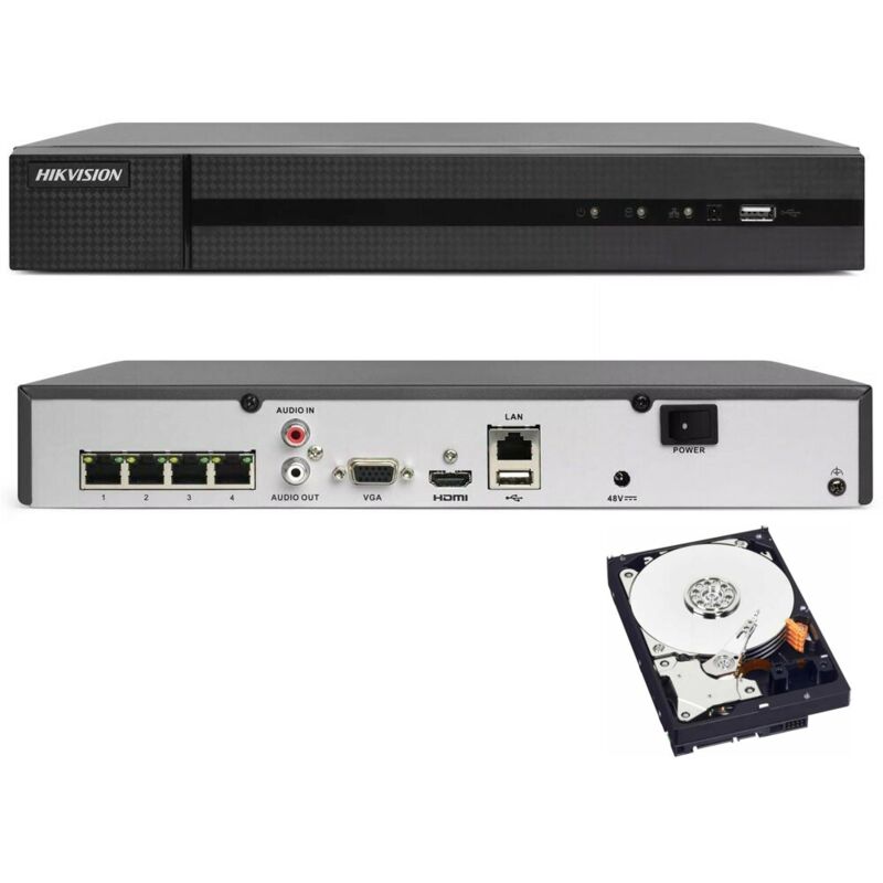 Nvr 4 canaux Hikvision HWN-4104MH-4P 4K 8MPX onvif poe H.265+ cloud P2P 1TB hdd