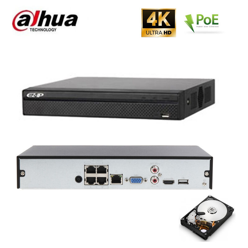 Nvr 4 Canaux Poe Dahua 8.0 Mpx Onvif Disque Dur 500 Gb