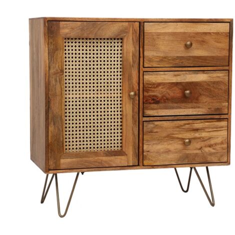Nyack Small 3 Drawer Sideboard - Mango Wood/Iron - L40 x W90 x H87 cm - Light Brown with Natural Rattan - Assembly Required