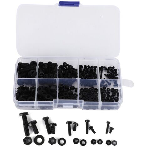 Nylon-Befestigungsset – 270-teiliges Sortiment – Schrauben, Muttern und Unterlegscheiben M2, M2,5, M3, M4, M5 – Schwarz