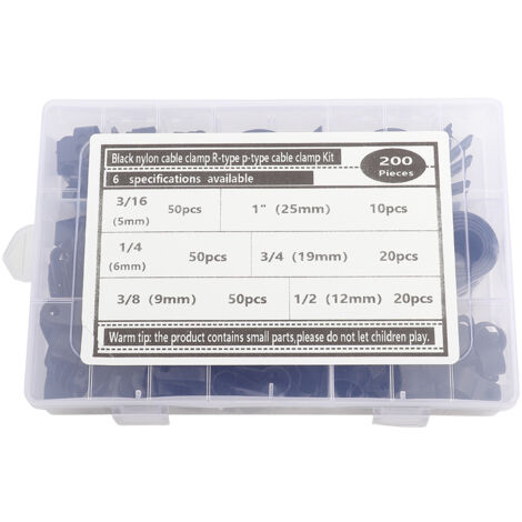 Nylon-Kabelbinder Typ R/P (200er-Packung) - Sortierte Kabelclips mit Etui (Schwarz)