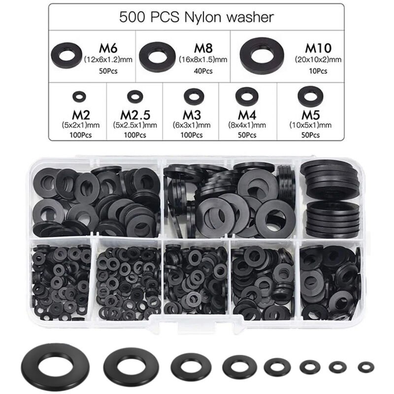 500 Stück schwarze, flache, runde Distanzscheiben aus Nylon, Dichtungsmaterial, kompatibel mit M2, M2,5, M3, M4, M5, M6, M8 und M10