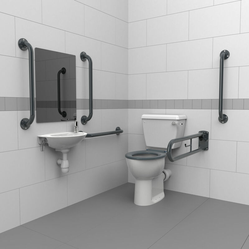 NymaPRO Close Coupled Doc m Toilet Pack with Exposed Fixings and TMV3 Valve - Dark Grey Grab Rails - Nymas