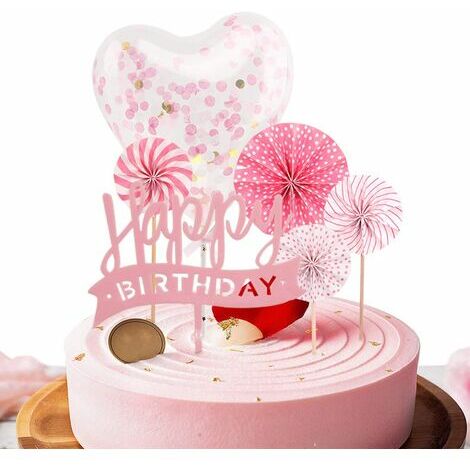OAAO Decoration Gateau Anniversaire Fille 6 Pièces Cake Topper Happy Birthday Deco Gateau Anniversaire Joyeux Anniversaire Decoration Gateau Ballon Décor (rose)