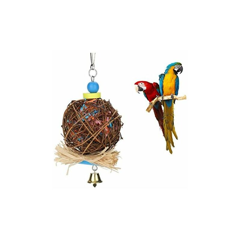 OAAO Jouet perroquet oiseau, jouet à mâcher oiseau, boule de takraw naturelle avec note et cloche en métal, jouet perroquet oiseau, balançoire