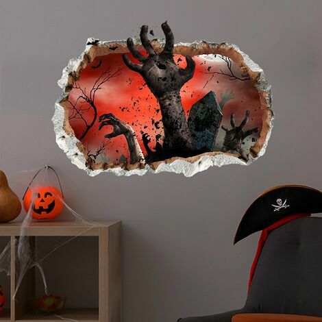 OAAO Stickers muraux 3D pour sol d'Halloween, pierre tombale de la main fantôme, décorations murales amovibles pour Halloween, décorations effrayantes pour chambre à coucher, autocollants pour fenêtre
