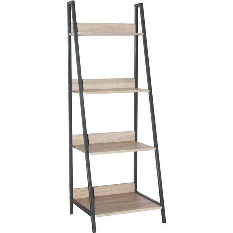 Oak Black Metal Ladder Shelving Unit 4 Tier Display Stand Book Shelf Wall Rack
