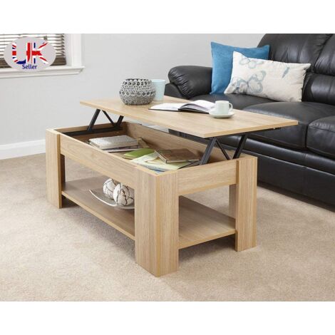 Oak Finish Wooden Lift Up Coffee Table Living Room Furniture With Extra Space