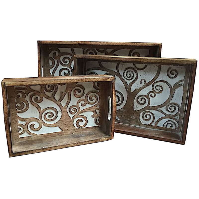 Small Serving Tray With Handles Platter Oak Tree Design (White Small:31x20x8cm)