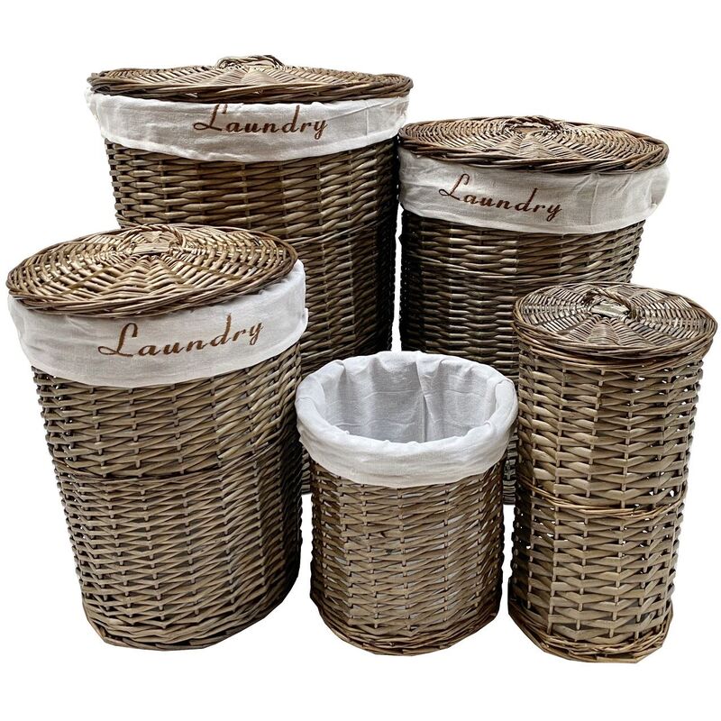 Wicker Round Laundry Basket With Lining [Oak Brown Laundry basket (Large)(59x44cm)]