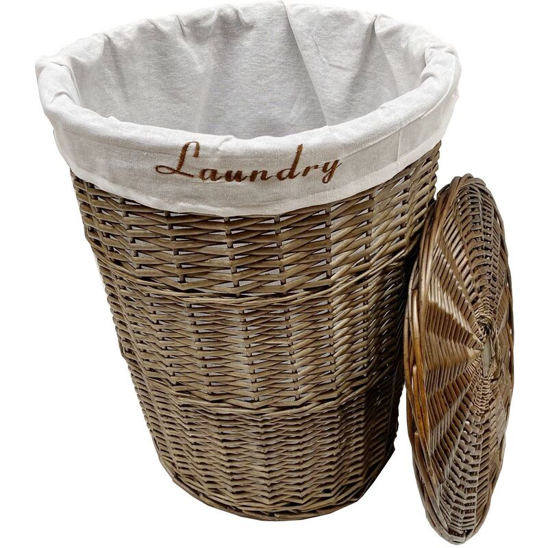 Wicker Round Laundry Basket With Lining [Oak Brown Laundry basket (Small)(42.5x30cm)]