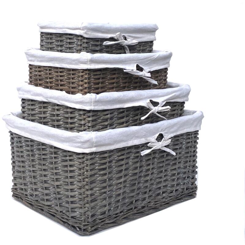 Willow Wicker Wider Big Deep Nursery Organiser Storage Xmas Hamper Basket Lined[Grey,Full Set (S+M+L+XL)]