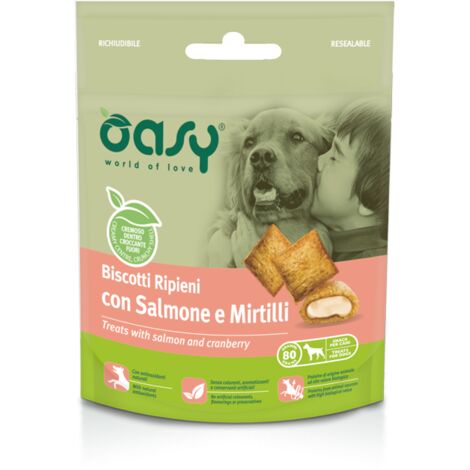 Oasy Dog Snack Biscotti Ripieni Salmone e Mirtilli Rossi  - Oasy Dog Snack Biscotti Ripieni Salmone e Mirtilli Rossi - Confezione da 80 Gr